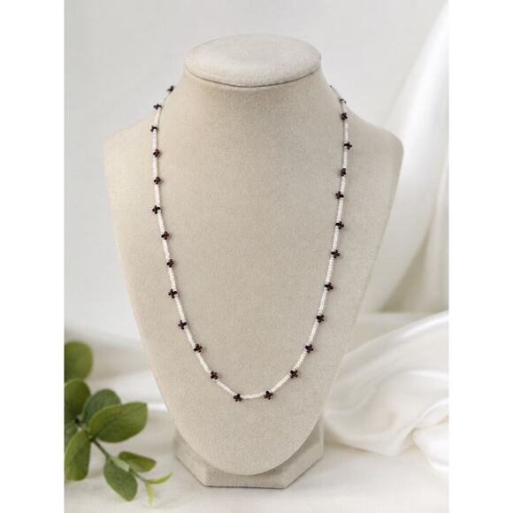 Handmade Jewelry - Handmade White & Burgundy Beaded Necklace Minimal Floral Seed Bead Jewelry